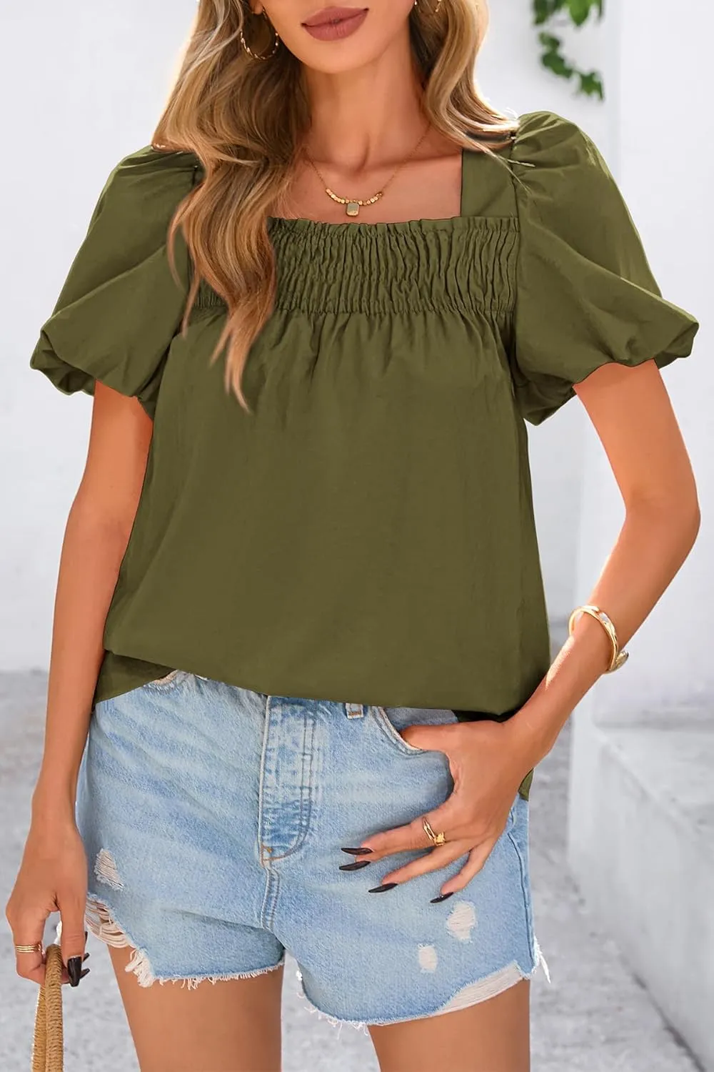 CFLONGE Women's Spring Summer Tops Dressy Casual Puffy Short Sleeve Frill Square Neck Smocked Fashion Tunic Shirts Blouses