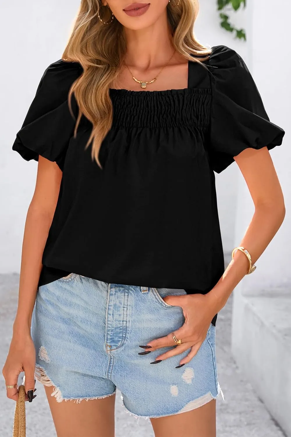 CFLONGE Women's Spring Summer Tops Dressy Casual Puffy Short Sleeve Frill Square Neck Smocked Fashion Tunic Shirts Blouses
