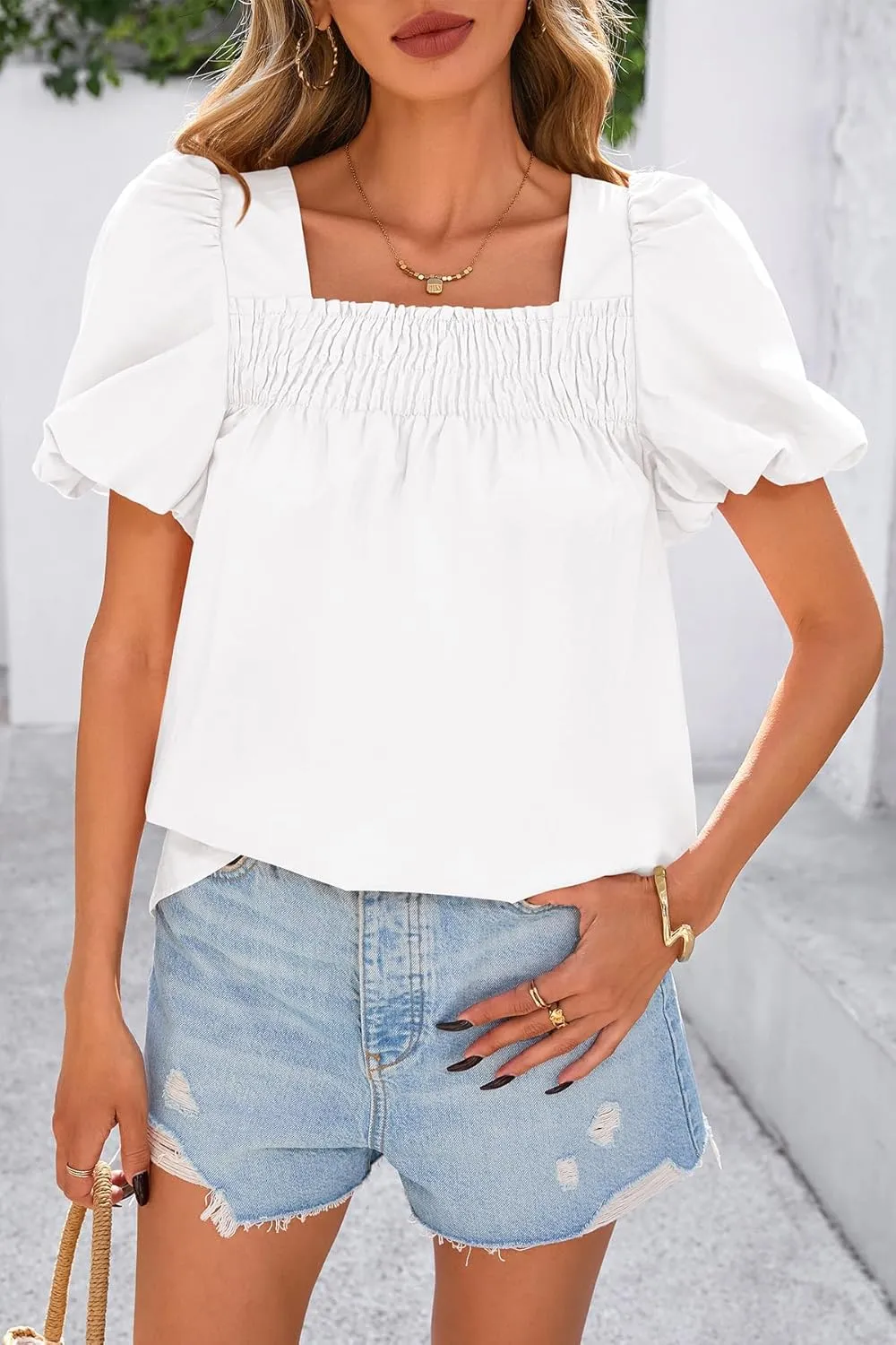 CFLONGE Women's Spring Summer Tops Dressy Casual Puffy Short Sleeve Frill Square Neck Smocked Fashion Tunic Shirts Blouses