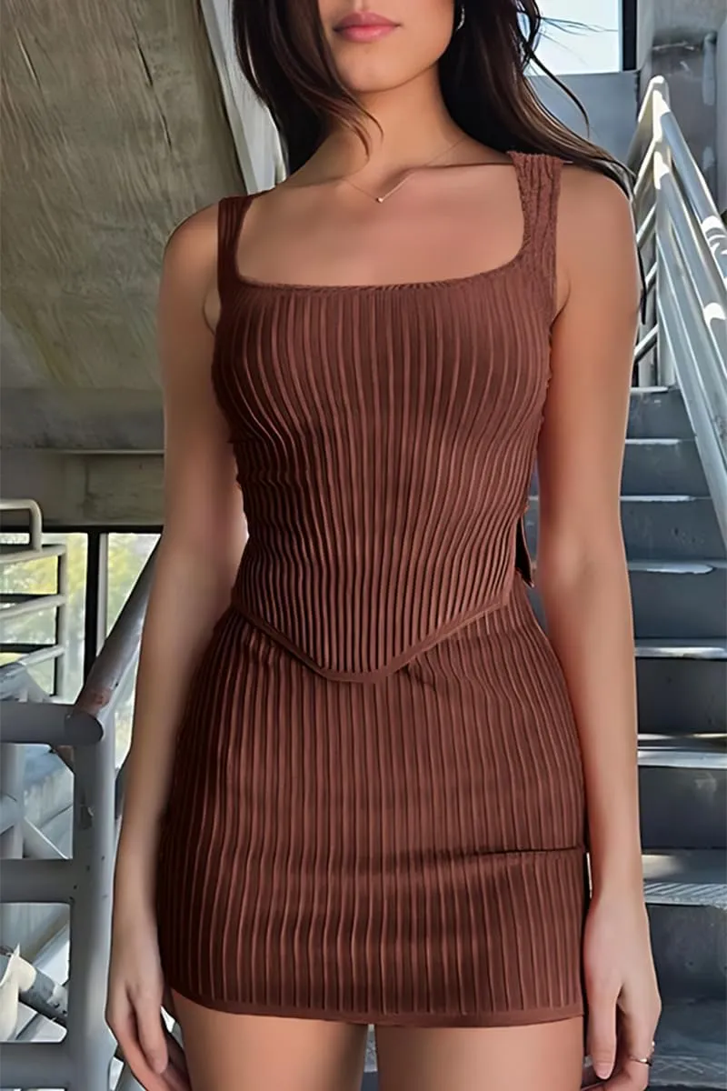 CHYRII Womens Sexy Summer Two Piece Outfits Square Neck Going Out Crop Top Bodycon Skirt Sets Mini Dress