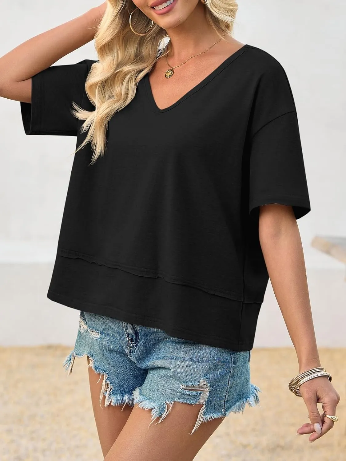 Cicy Bell Womens Summer V Neck T Shirts Casual Short Sleeve Flowy Tops Cute Loose Fit Basic Tees