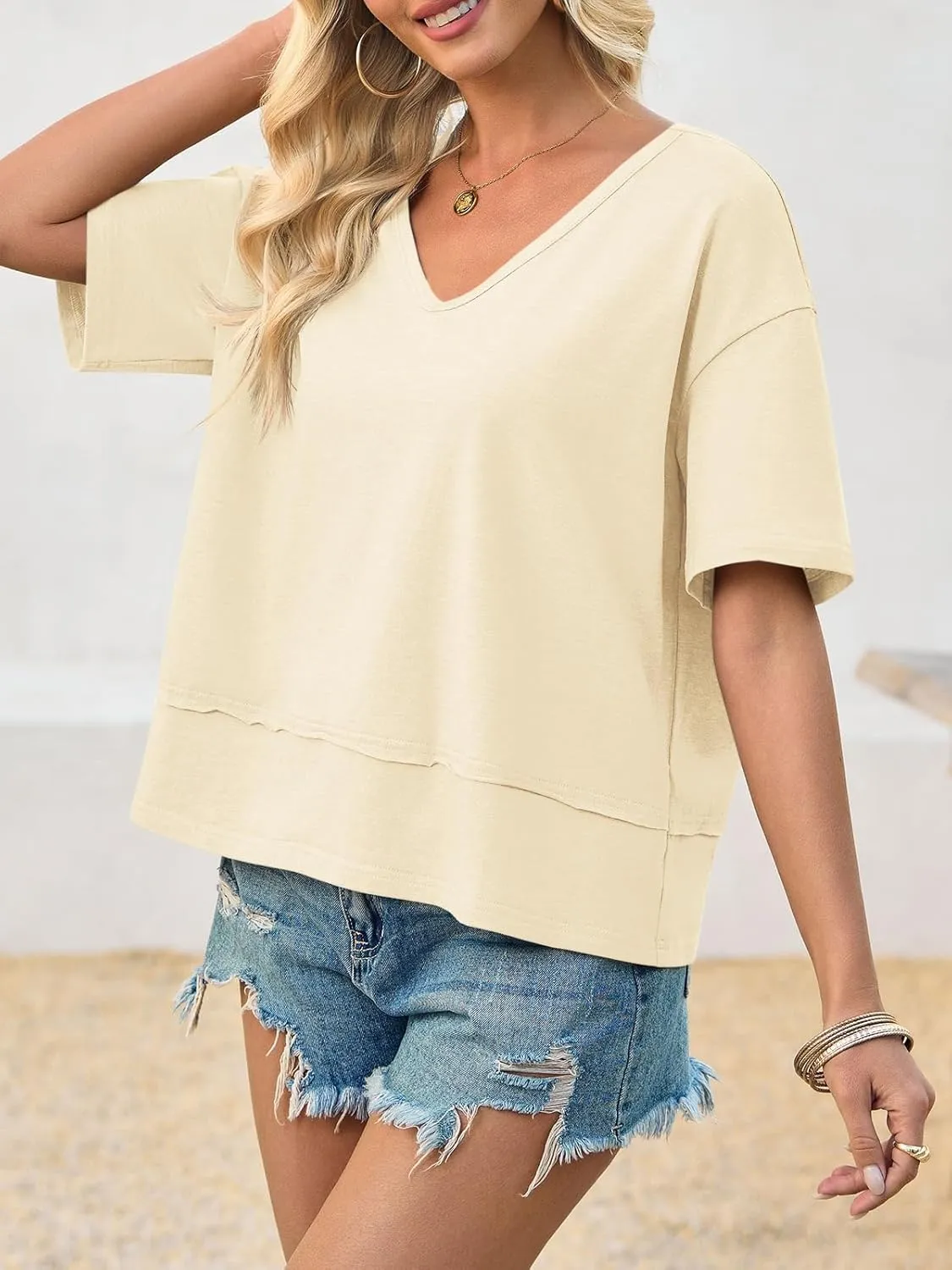 Cicy Bell Womens Summer V Neck T Shirts Casual Short Sleeve Flowy Tops Cute Loose Fit Basic Tees