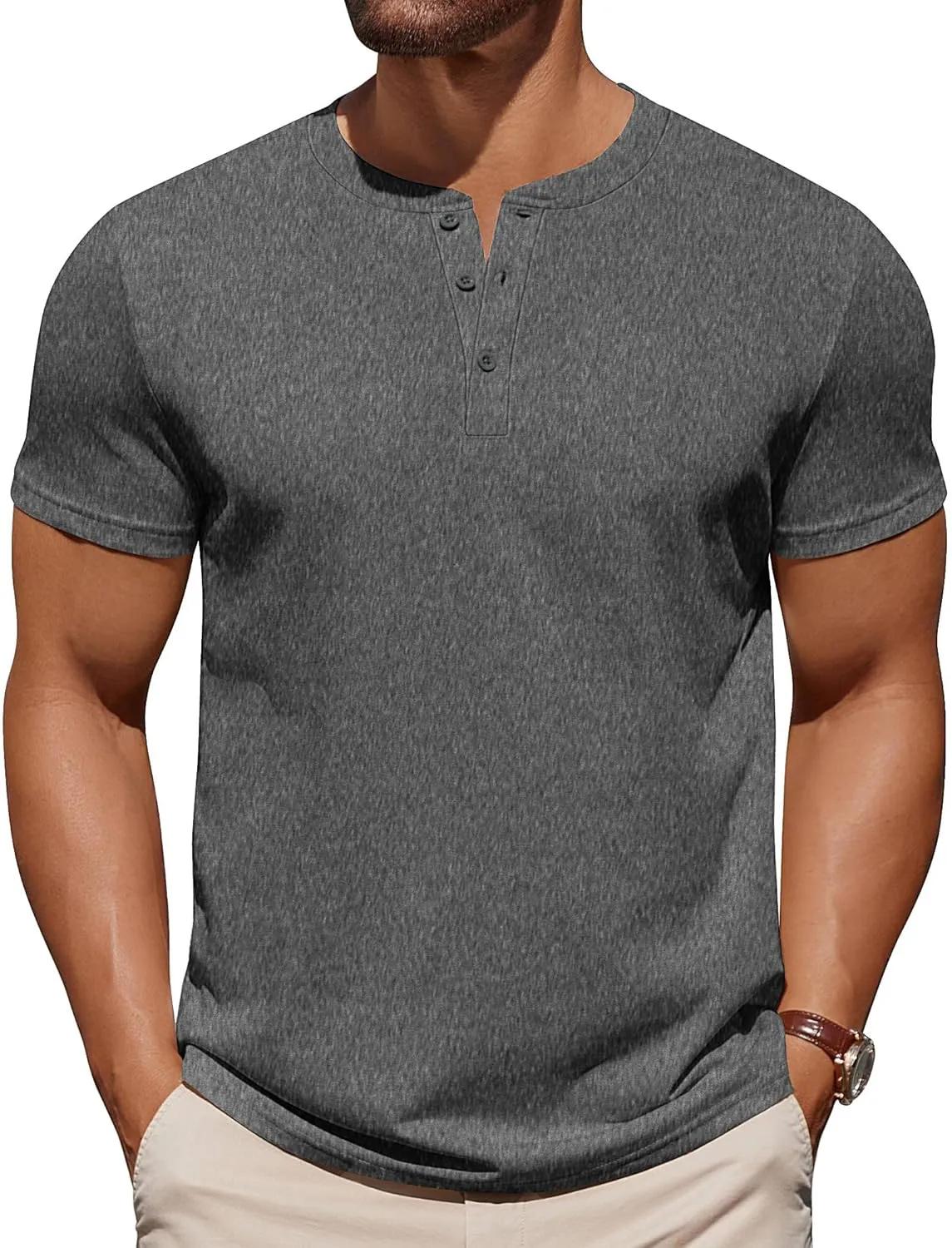 COOFANDY Mens Cotton Henley T-Shirts Short Sleeve Button Casual Basic Tees Work Shirts with Split Side