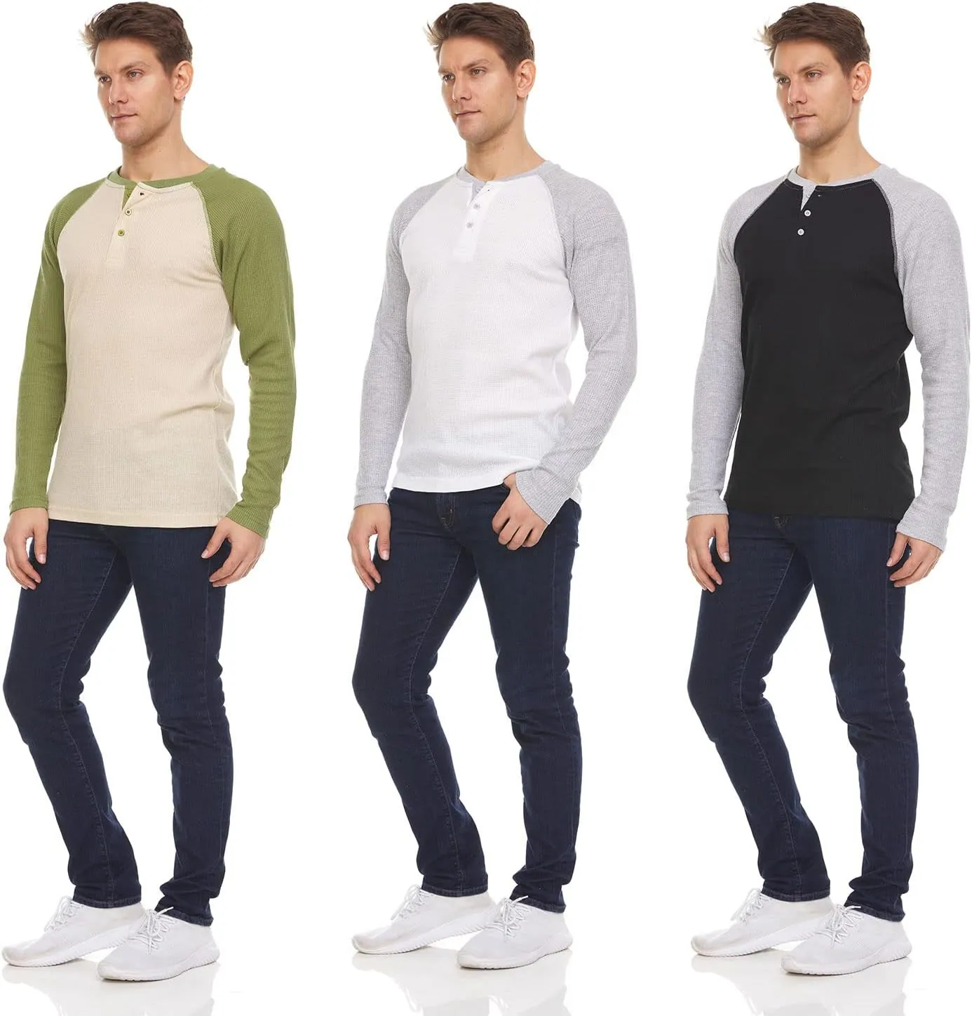 DARESAY 3 Pack: Thermal Long Sleeve Tee Shirt for Men- Henley & Crew Long Sleeve Shirts for Men  Mens Long Sleeve T Shirts