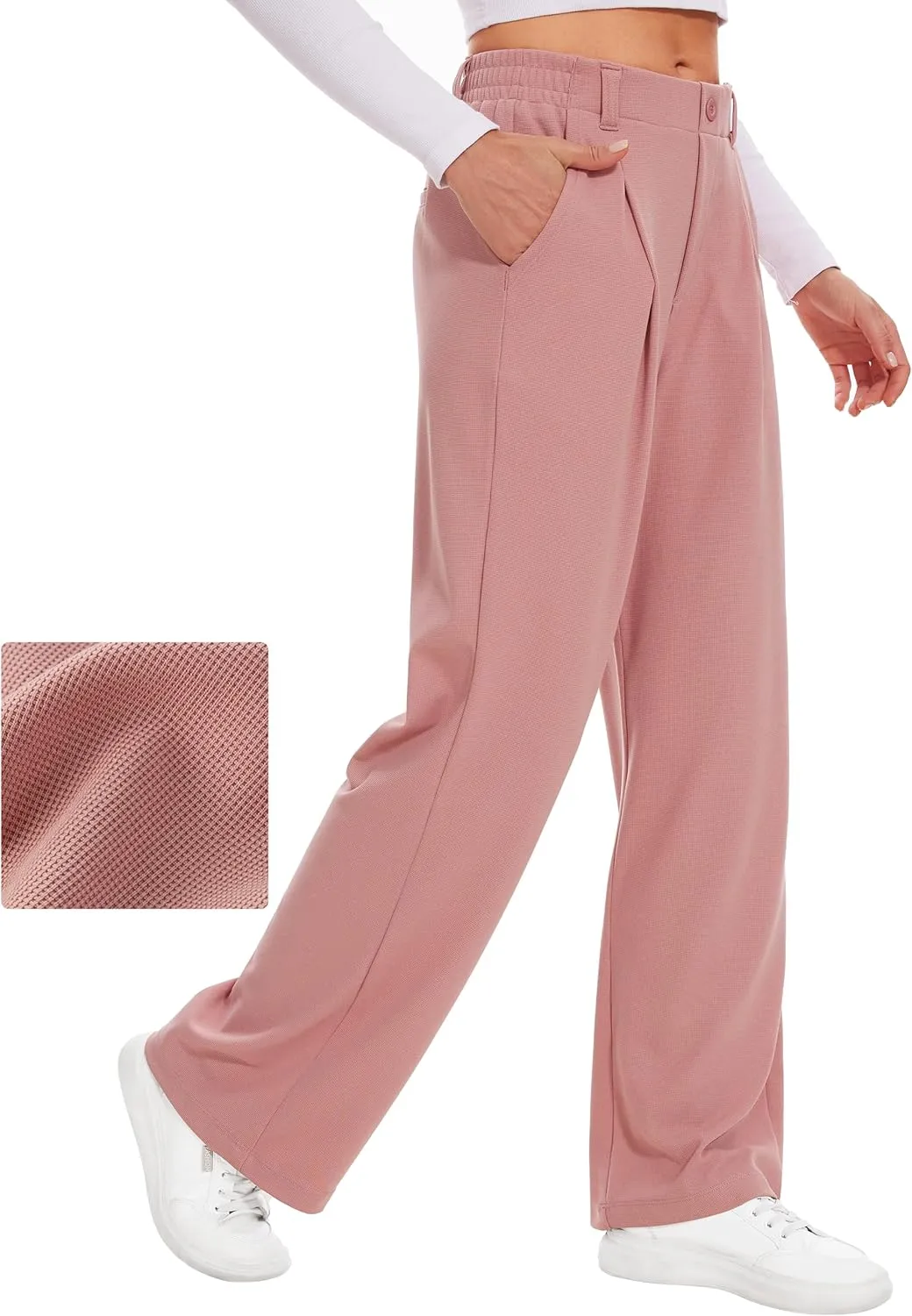 Desol Womens Wide Leg Work Pants Waffle Knit Dress Pants Stretchy High Waisted Slack Casual Palazzo Pants for Women
