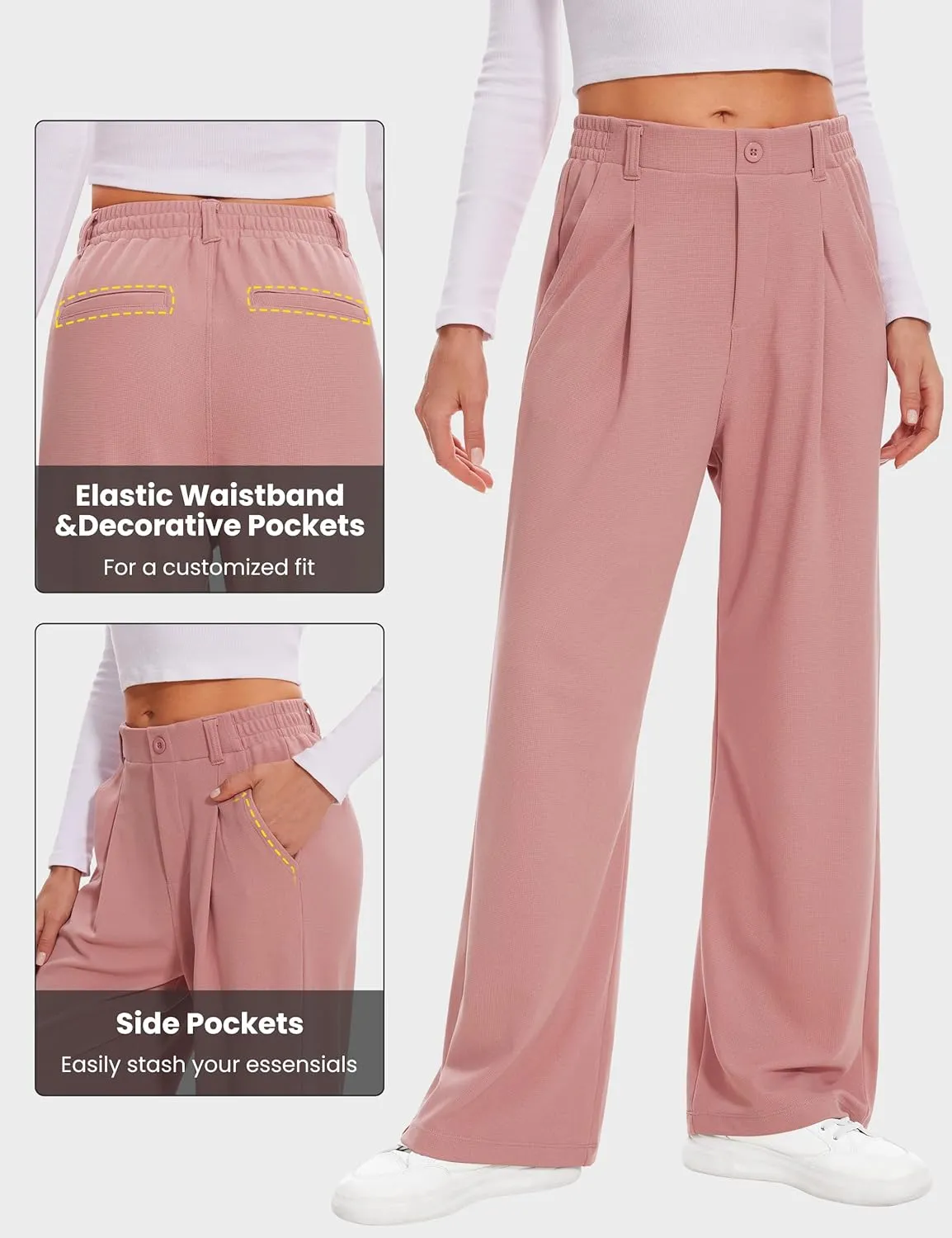 Desol Womens Wide Leg Work Pants Waffle Knit Dress Pants Stretchy High Waisted Slack Casual Palazzo Pants for Women