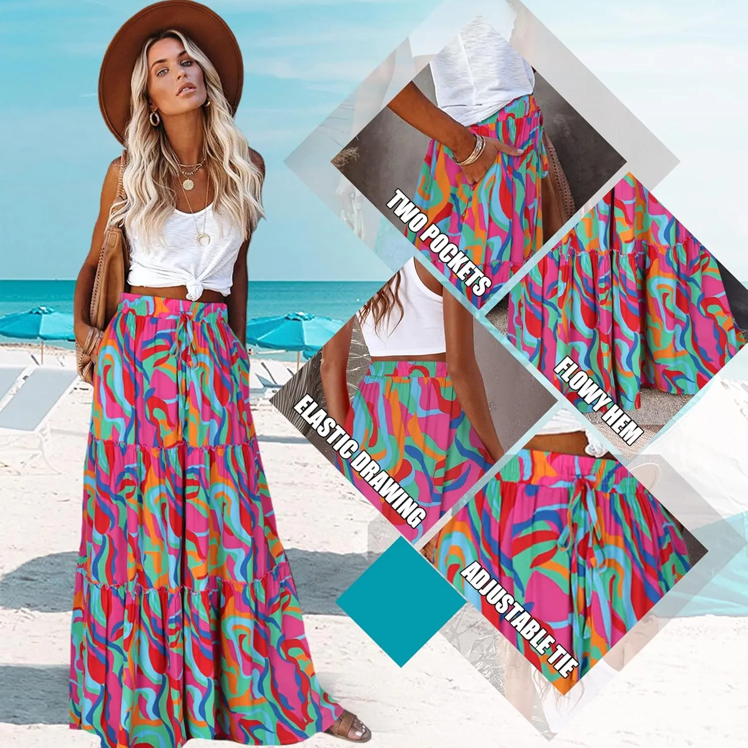EARKOHA Womens Casual High Waist Tie Paisley Print Long Maxi Skirt with Pockets