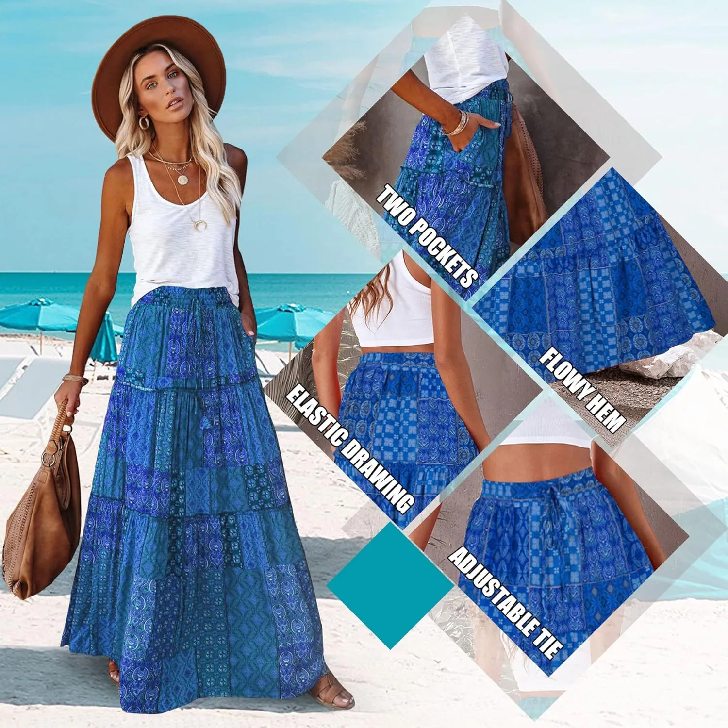 EARKOHA Womens Casual High Waist Tie Paisley Print Long Maxi Skirt with Pockets