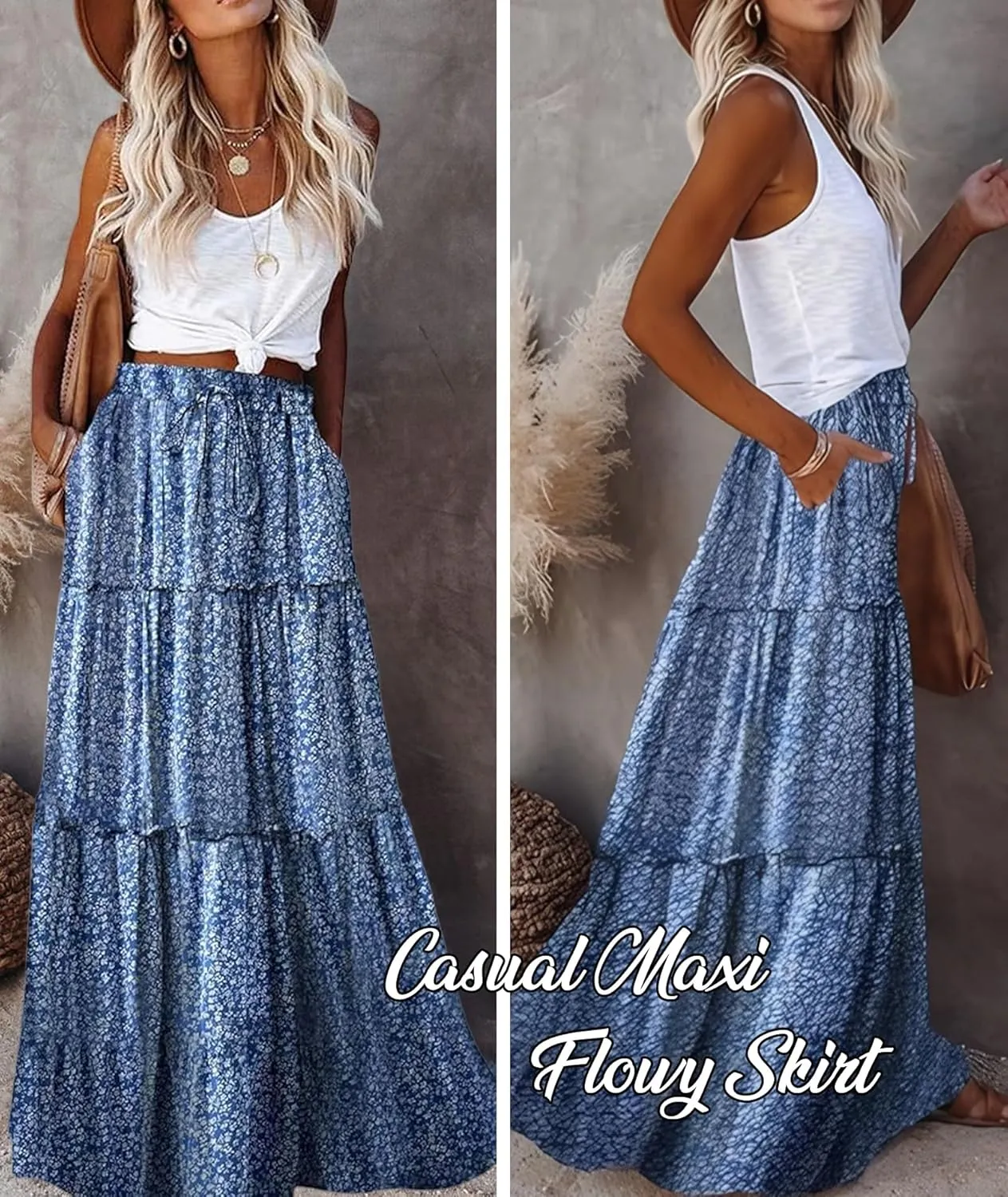 EARKOHA Womens Casual High Waist Tie Paisley Print Long Maxi Skirt with Pockets
