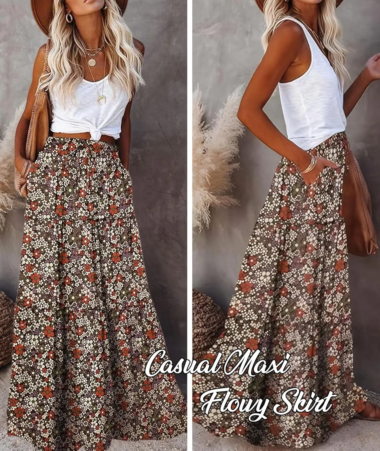 EARKOHA Womens Casual High Waist Tie Paisley Print Long Maxi Skirt with Pockets