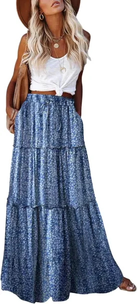EARKOHA Womens Casual High Waist Tie Paisley Print Long Maxi Skirt with Pockets