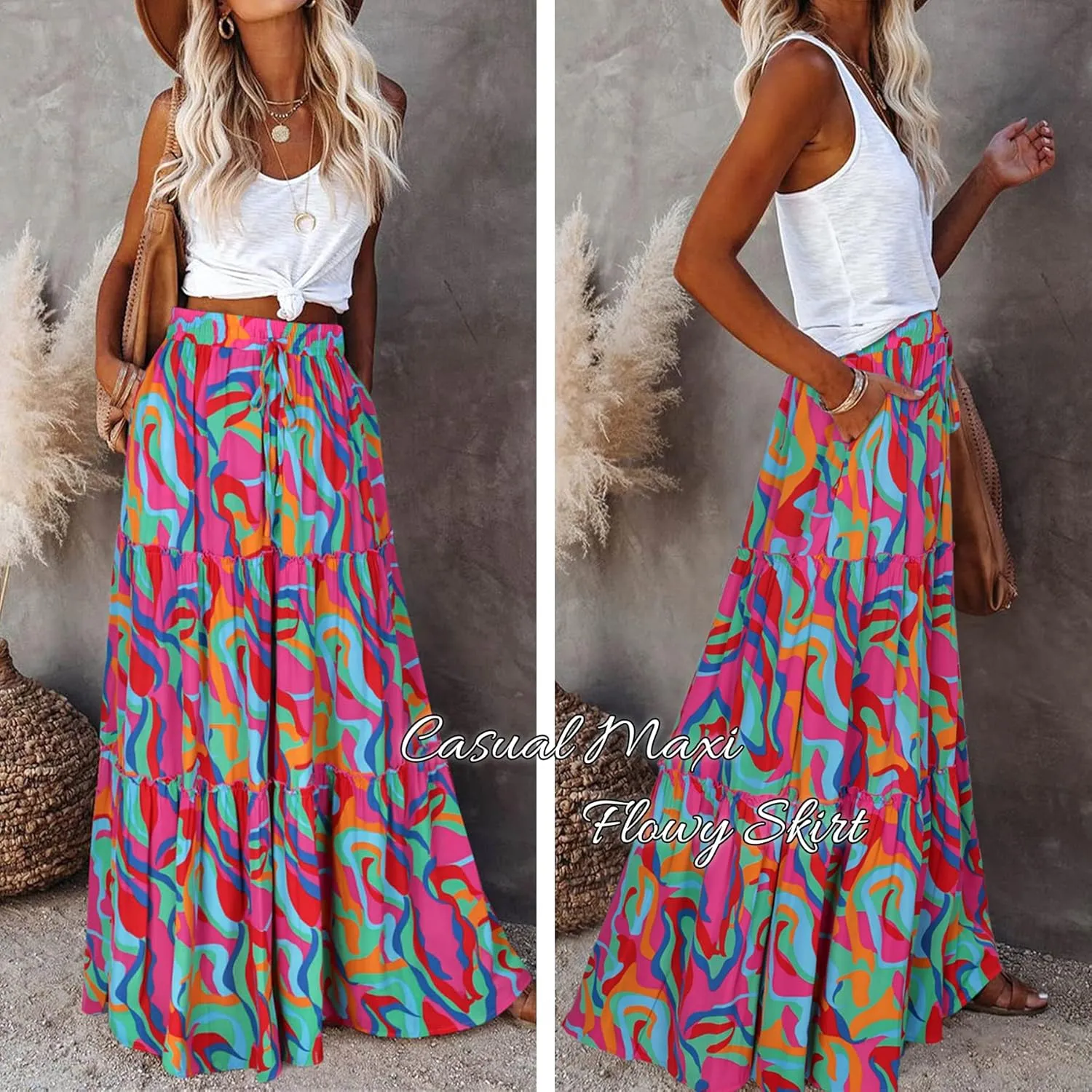 EARKOHA Womens Casual High Waist Tie Paisley Print Long Maxi Skirt with Pockets