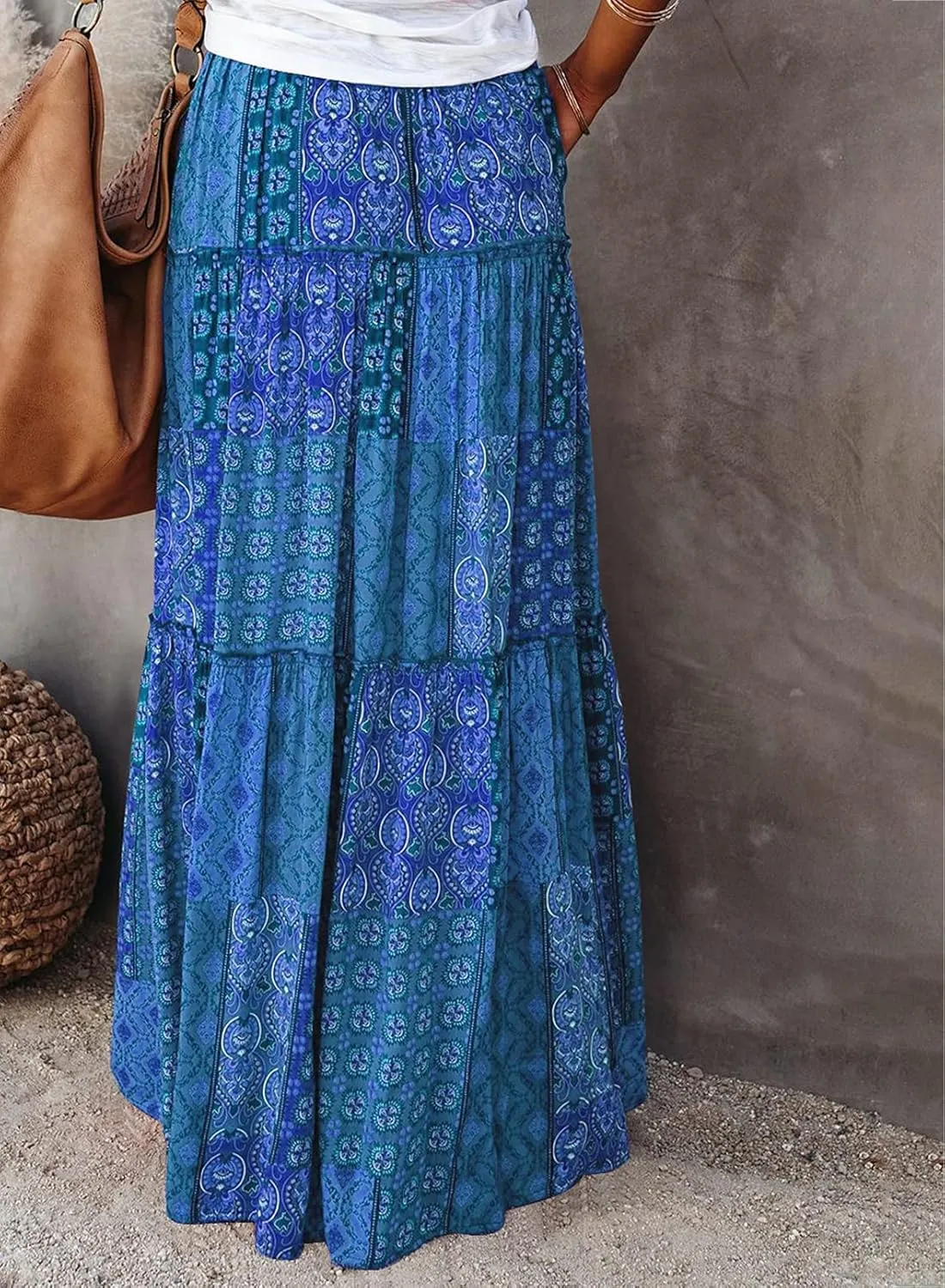 EARKOHA Womens Casual High Waist Tie Paisley Print Long Maxi Skirt with Pockets