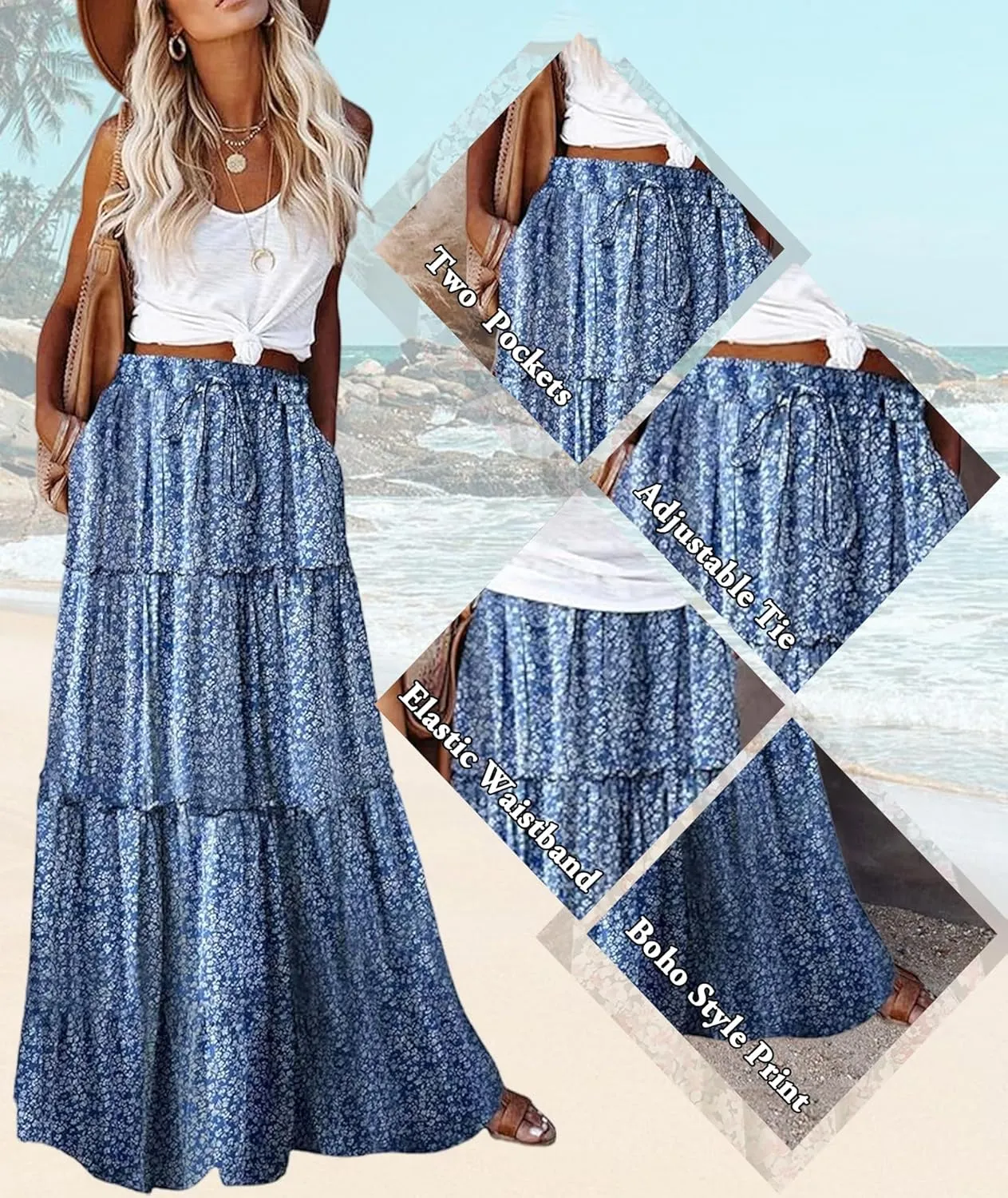 EARKOHA Womens Casual High Waist Tie Paisley Print Long Maxi Skirt with Pockets