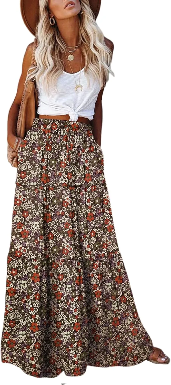 EARKOHA Womens Casual High Waist Tie Paisley Print Long Maxi Skirt with Pockets