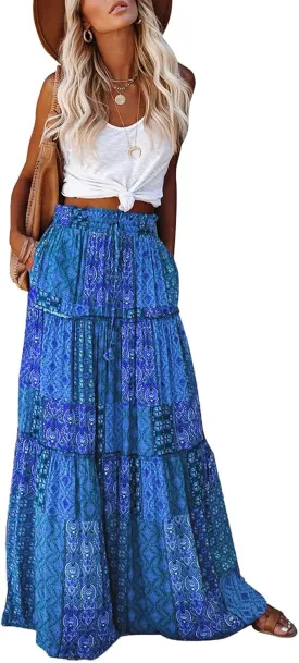 EARKOHA Womens Casual High Waist Tie Paisley Print Long Maxi Skirt with Pockets
