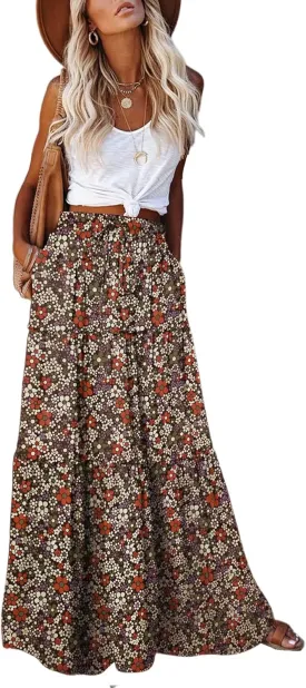 EARKOHA Womens Casual High Waist Tie Paisley Print Long Maxi Skirt with Pockets