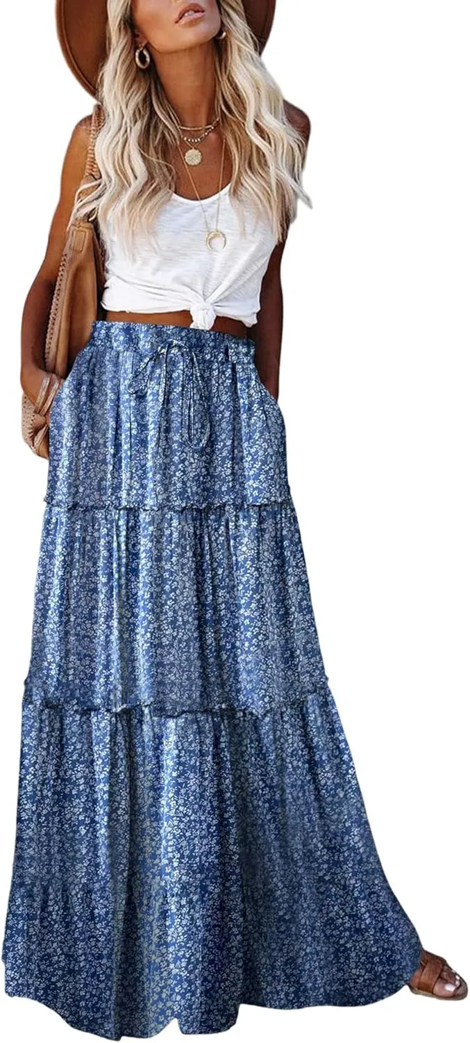 EARKOHA Womens Casual High Waist Tie Paisley Print Long Maxi Skirt with Pockets