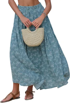 EXLURA Womens Elastic High Waist Flared Maxi Skirts Floral Swing Midi Skirt Casual Summer Long Skirt Beach Vacation Resort