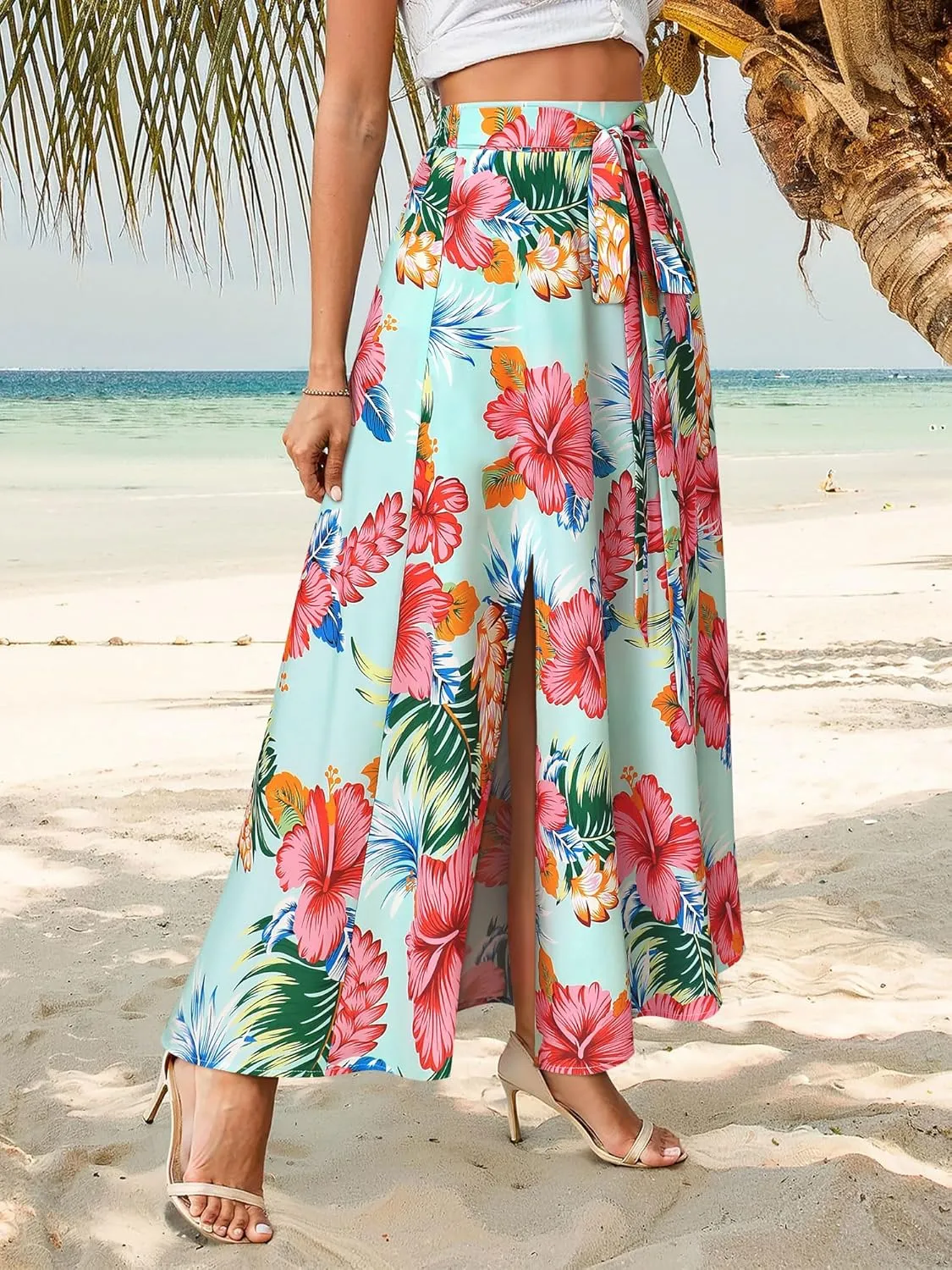 Ezcosplay Women Maxi Hawaiian Floral Slit Skirt High Elastic Waisted Split Thigh Long Skirts with Pockets