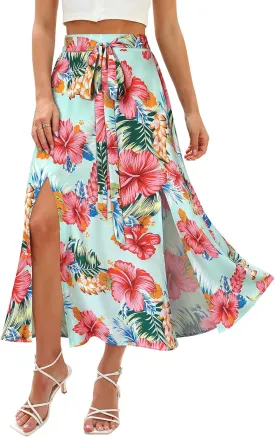 Ezcosplay Women Maxi Hawaiian Floral Slit Skirt High Elastic Waisted Split Thigh Long Skirts with Pockets