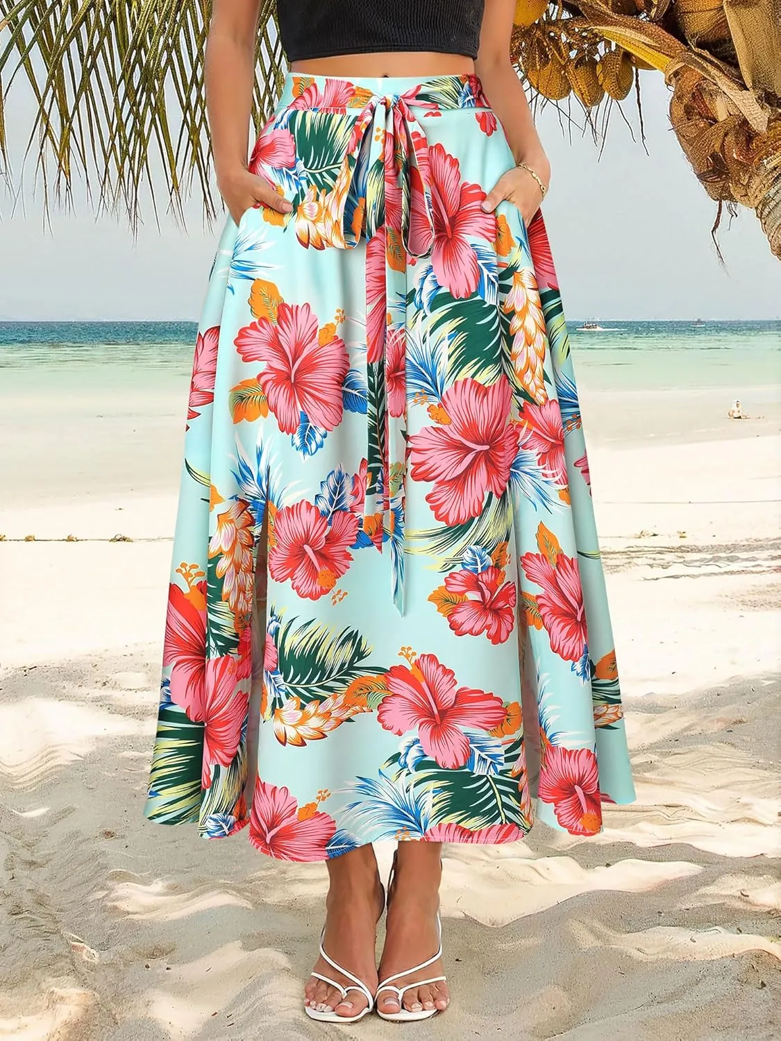 Ezcosplay Women Maxi Hawaiian Floral Slit Skirt High Elastic Waisted Split Thigh Long Skirts with Pockets