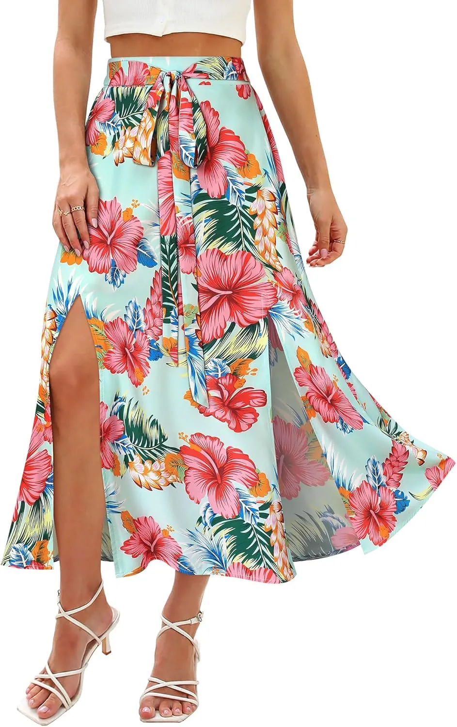 Ezcosplay Women Maxi Hawaiian Floral Slit Skirt High Elastic Waisted Split Thigh Long Skirts with Pockets