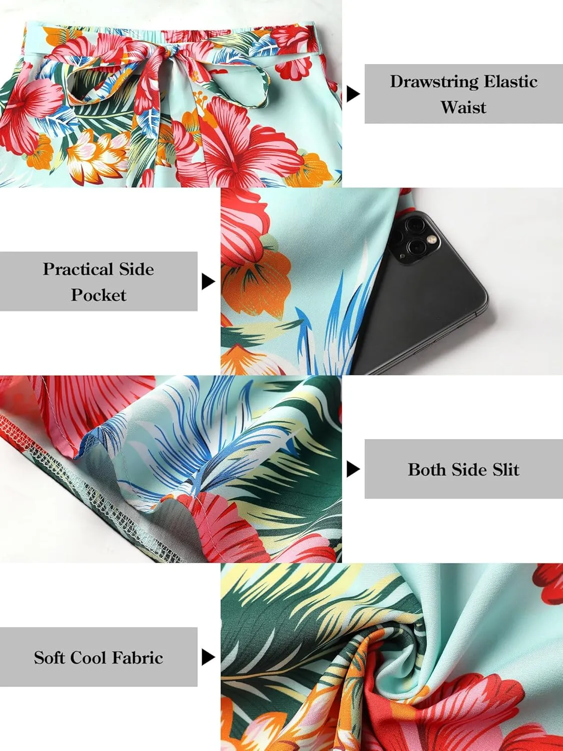 Ezcosplay Women Maxi Hawaiian Floral Slit Skirt High Elastic Waisted Split Thigh Long Skirts with Pockets