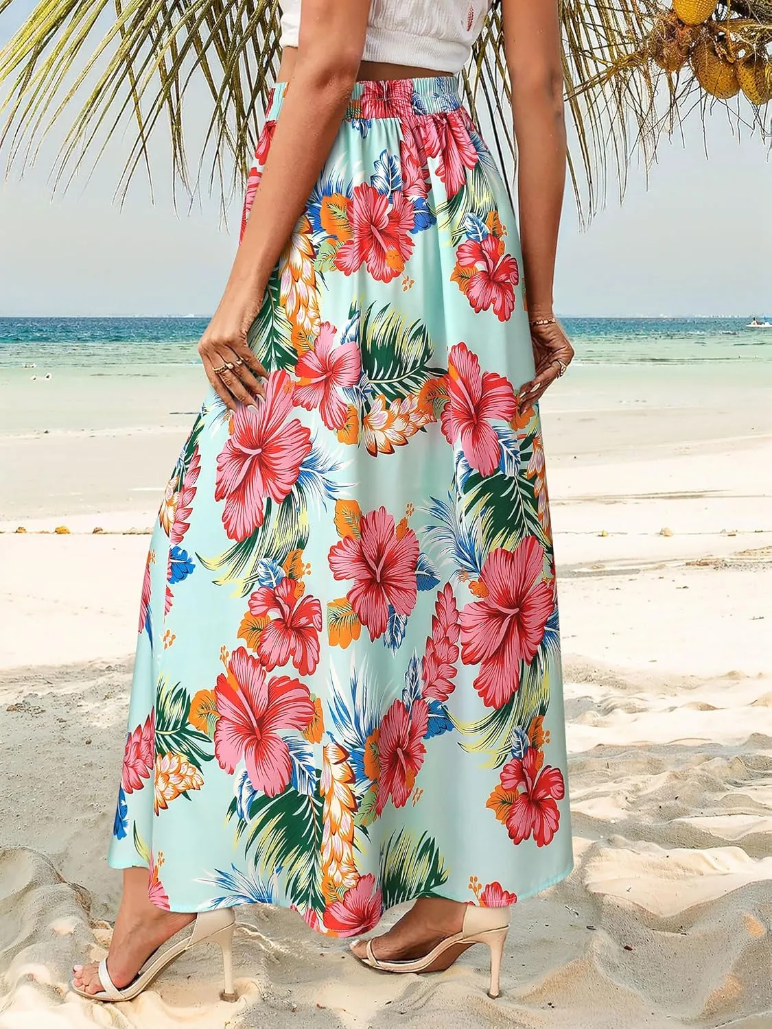 Ezcosplay Women Maxi Hawaiian Floral Slit Skirt High Elastic Waisted Split Thigh Long Skirts with Pockets