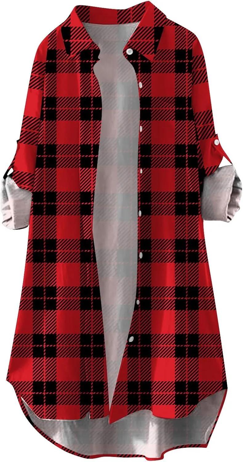 Fall Cardigans for Women 2024,Open Front Roll Up Sleeve Tops Button Down Plaid Shirts Oversized Cardigan