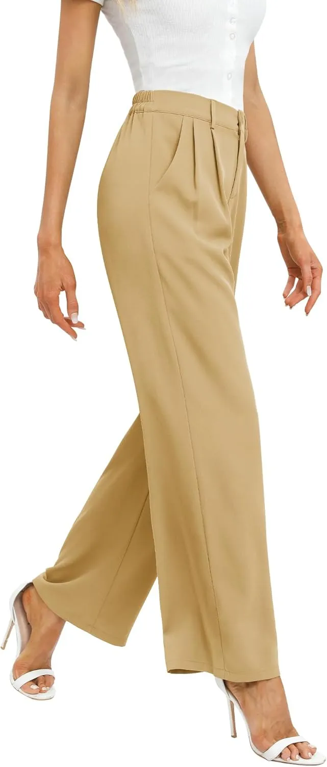 Feiersi Women's Business Work Trousers High Waisted Wide Leg Pants Long Straight Suit Pants with Pocket