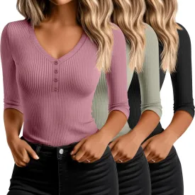 Ficerd 3 Pack Women's 3/4 Sleeve Henley Shirts, Cotton V Neck Ribbed Knit Slim Fit Shirts Tight Basic Tee