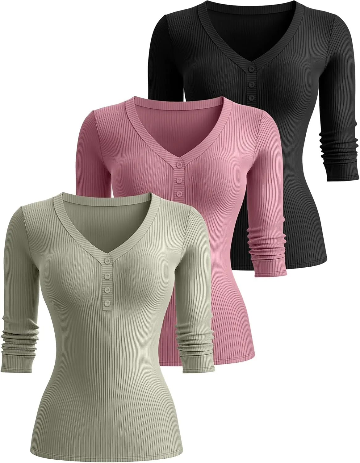 Ficerd 3 Pack Women's 3/4 Sleeve Henley Shirts, Cotton V Neck Ribbed Knit Slim Fit Shirts Tight Basic Tee