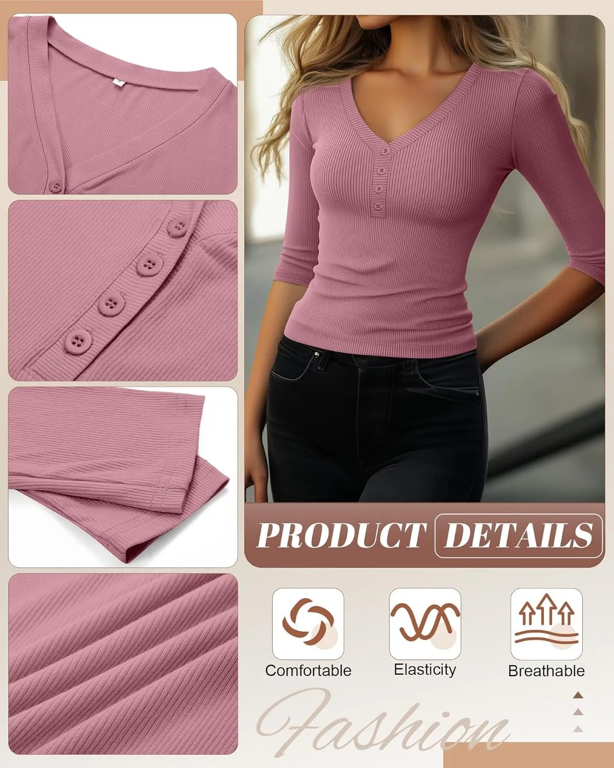 Ficerd 3 Pack Women's 3/4 Sleeve Henley Shirts, Cotton V Neck Ribbed Knit Slim Fit Shirts Tight Basic Tee