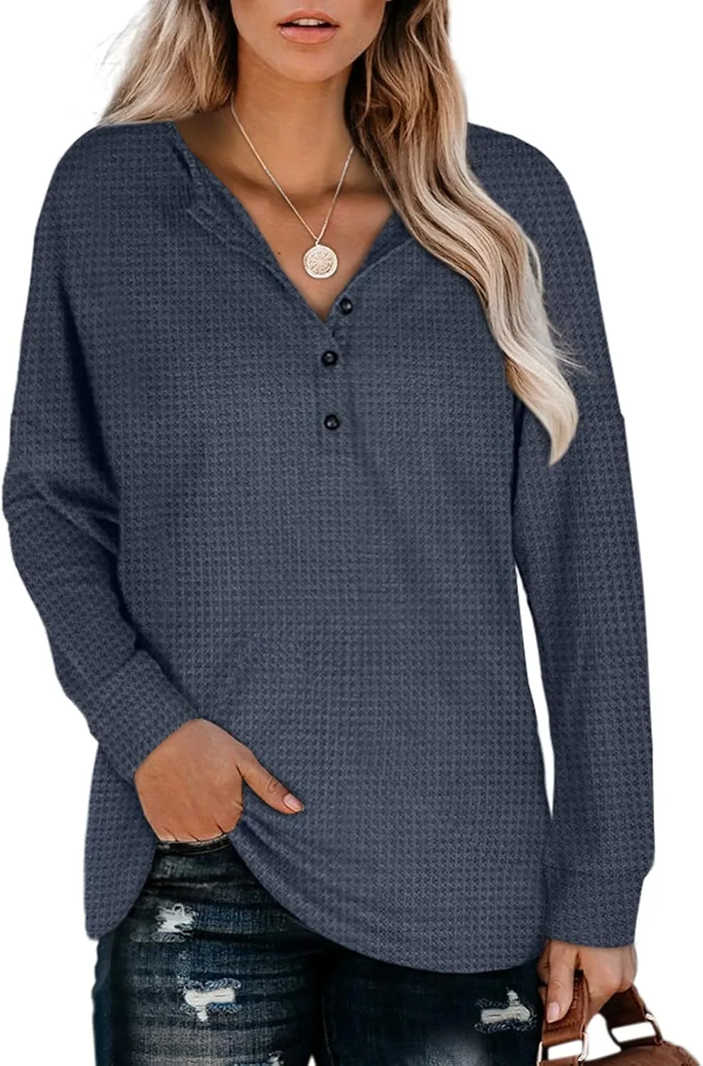 Glanzition Womens Long Sleeve Tops V Neck Button Down Fashion Soft Henley Tops
