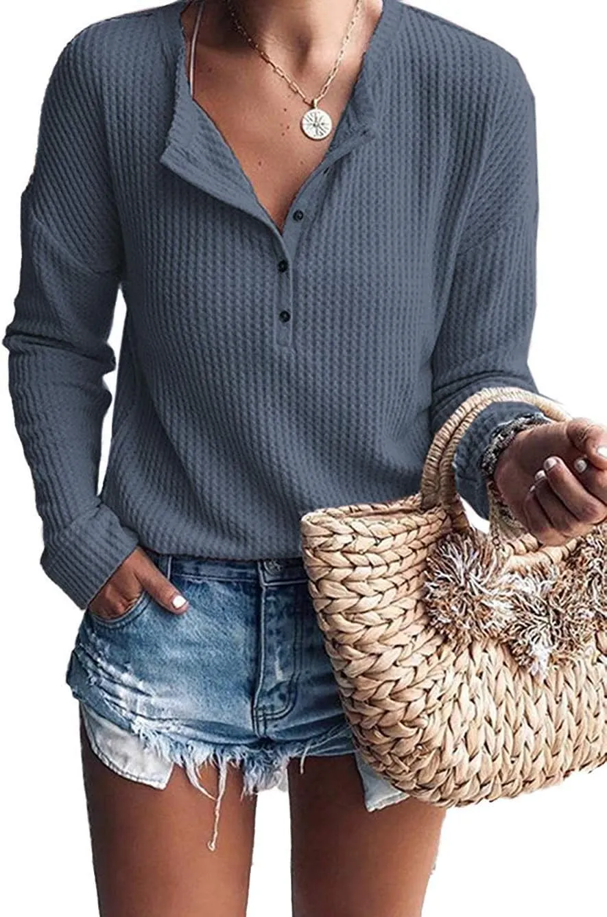 Glanzition Womens Long Sleeve Tops V Neck Button Down Fashion Soft Henley Tops