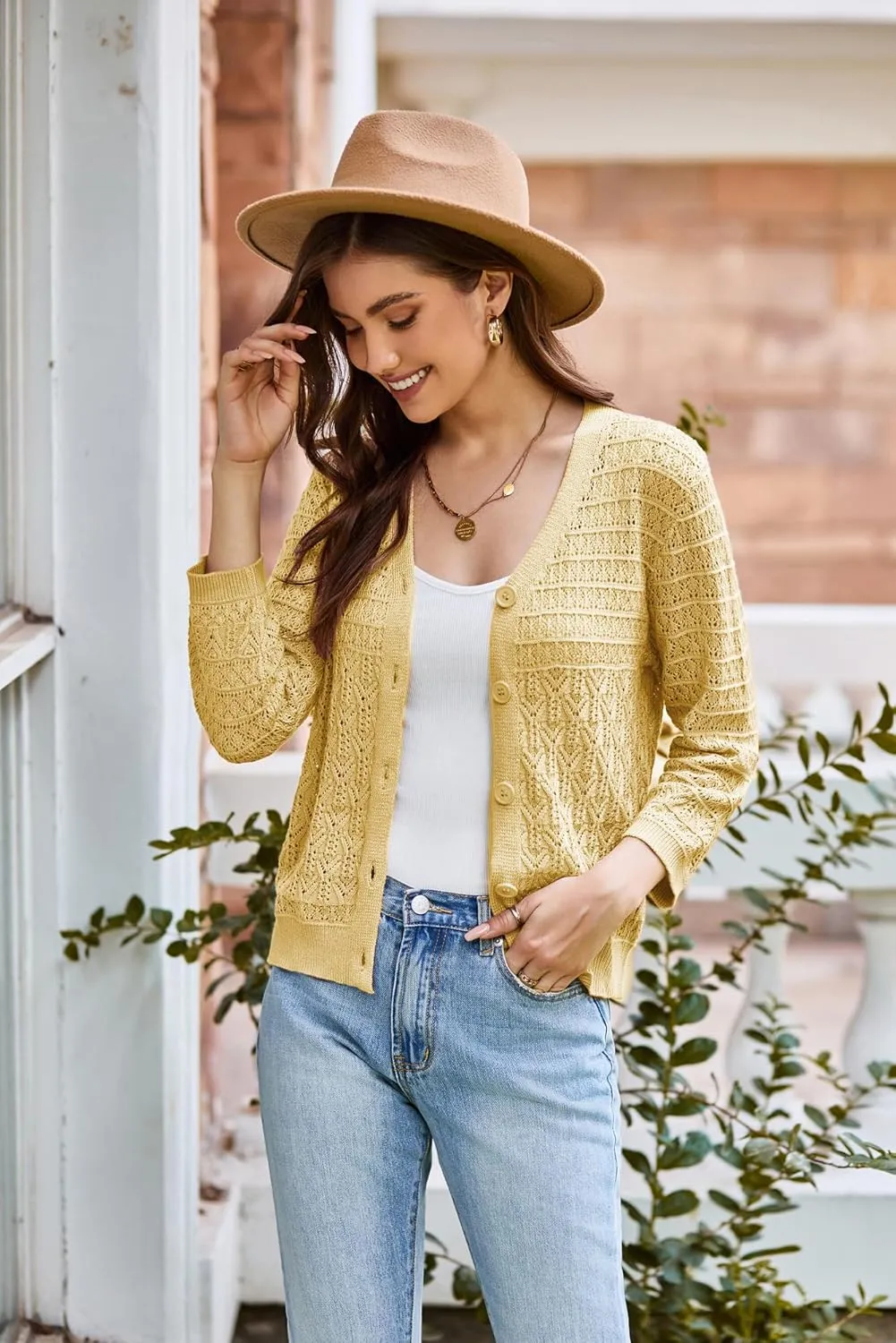 GRACE KARIN 2025 Women's 3/4 Sleeve Crochet Knit Button Down Cardigan Cropped Shrug Bolero Lightweight Sweaters Tops
