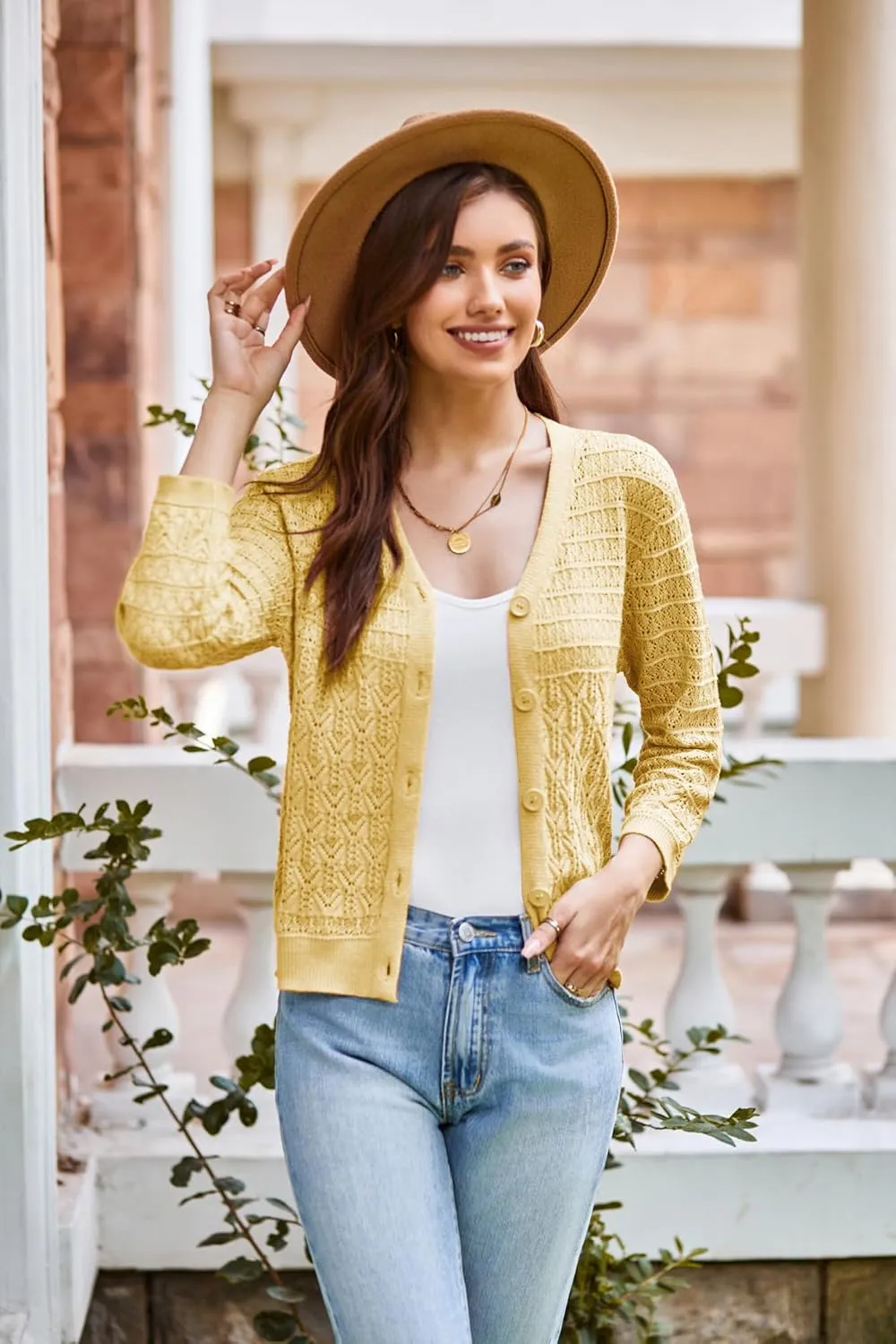 GRACE KARIN 2025 Women's 3/4 Sleeve Crochet Knit Button Down Cardigan Cropped Shrug Bolero Lightweight Sweaters Tops