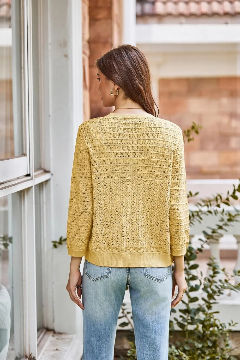 GRACE KARIN 2025 Women's 3/4 Sleeve Crochet Knit Button Down Cardigan Cropped Shrug Bolero Lightweight Sweaters Tops