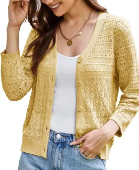 GRACE KARIN 2025 Women's 3/4 Sleeve Crochet Knit Button Down Cardigan Cropped Shrug Bolero Lightweight Sweaters Tops