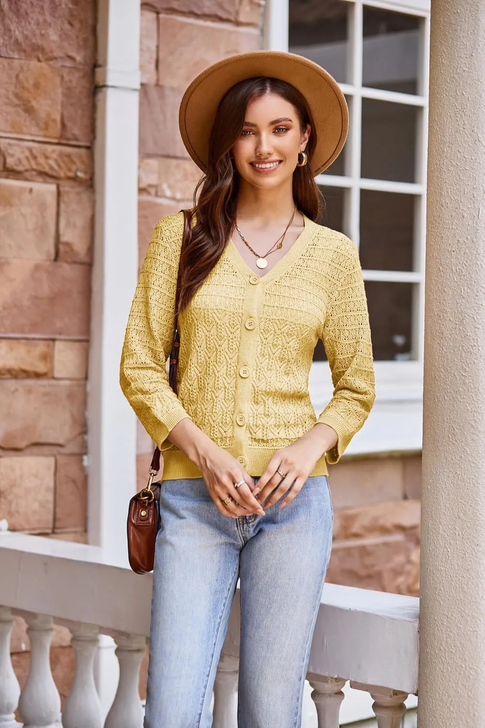GRACE KARIN 2025 Women's 3/4 Sleeve Crochet Knit Button Down Cardigan Cropped Shrug Bolero Lightweight Sweaters Tops
