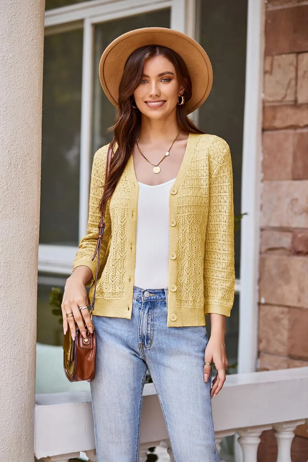GRACE KARIN 2025 Women's 3/4 Sleeve Crochet Knit Button Down Cardigan Cropped Shrug Bolero Lightweight Sweaters Tops