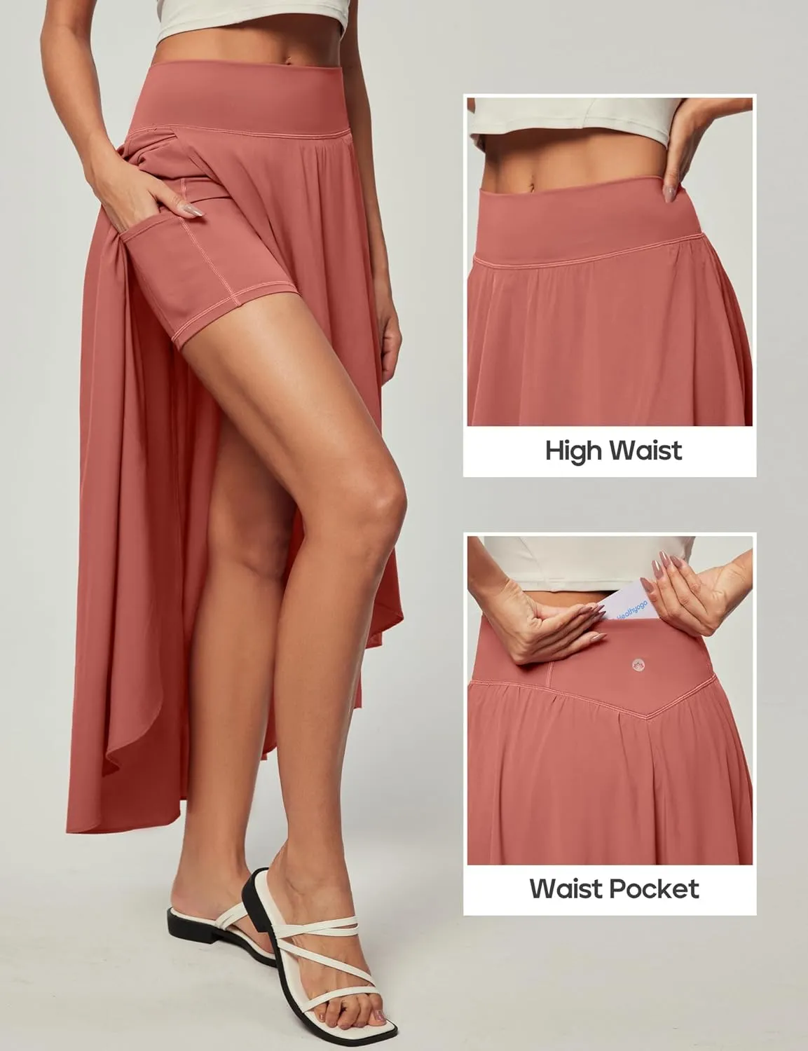 Heathyoga High Waist Wrap Skirt with Shorts Flowy Skirts for Women Trendy Summer Ruffle High Low Maxi Skirt with Slit