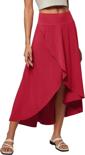 Heathyoga High Waist Wrap Skirt with Shorts Flowy Skirts for Women Trendy Summer Ruffle High Low Maxi Skirt with Slit