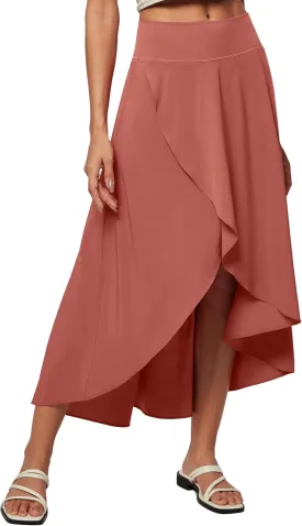 Heathyoga High Waist Wrap Skirt with Shorts Flowy Skirts for Women Trendy Summer Ruffle High Low Maxi Skirt with Slit