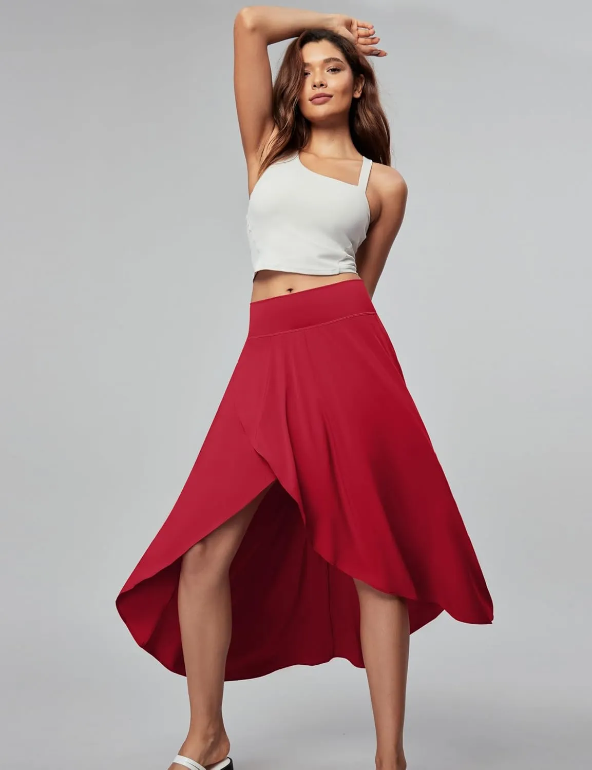 Heathyoga High Waist Wrap Skirt with Shorts Flowy Skirts for Women Trendy Summer Ruffle High Low Maxi Skirt with Slit