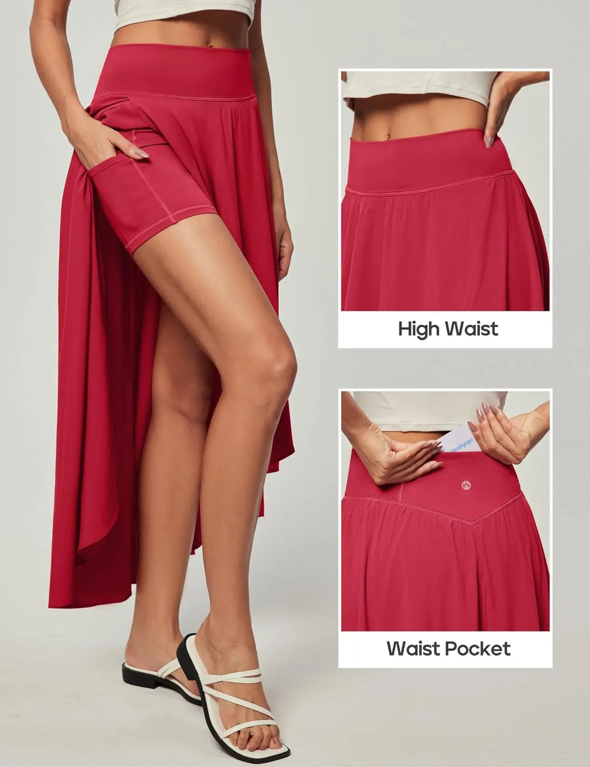Heathyoga High Waist Wrap Skirt with Shorts Flowy Skirts for Women Trendy Summer Ruffle High Low Maxi Skirt with Slit
