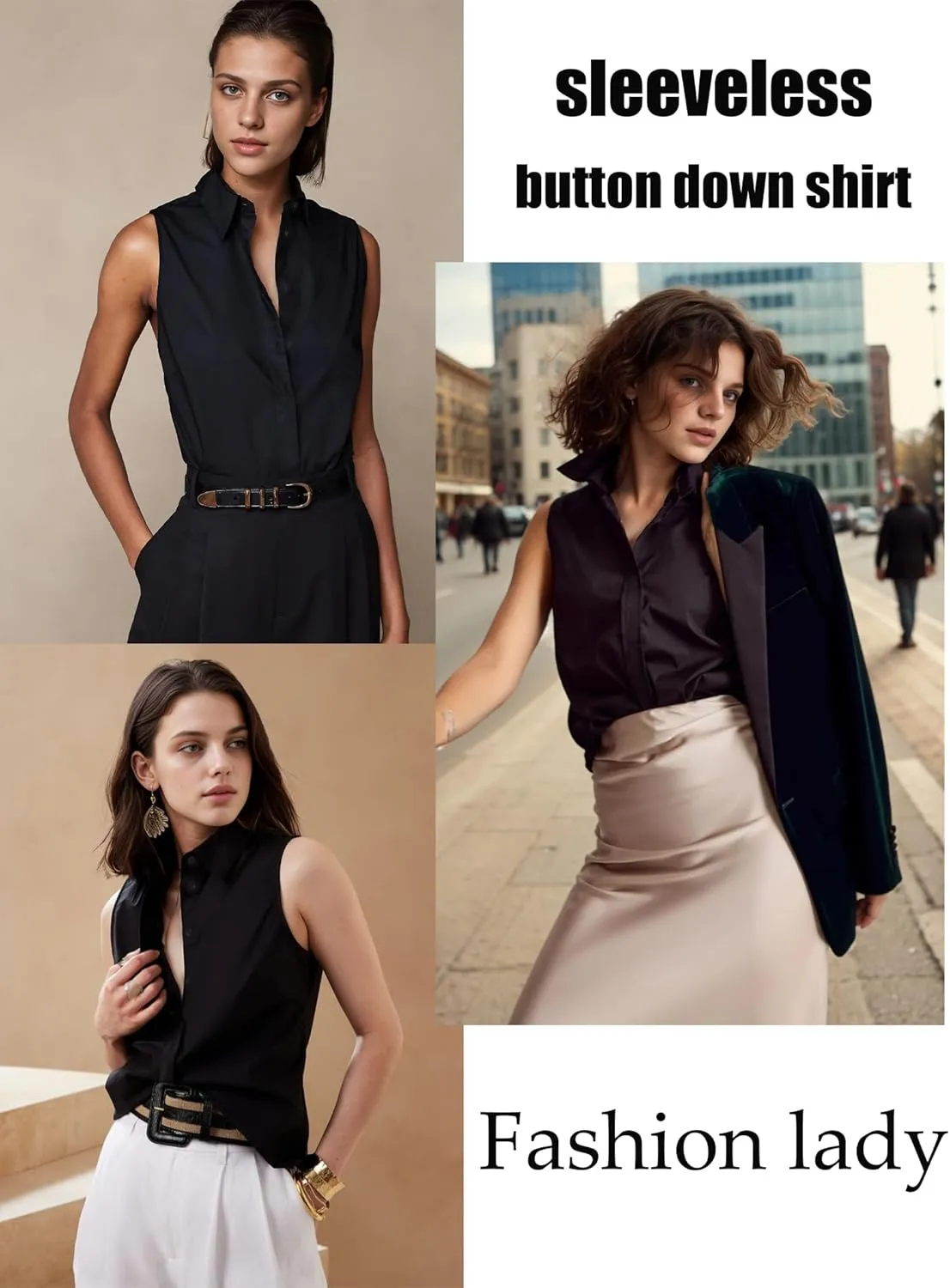 HOTOUCH Women's Sleeveless Button Down Shirts Hidden-Button Front Collared Dressy Casual Blouses Loose Office Tank Tops