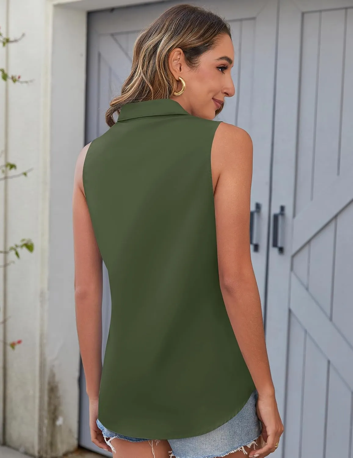 HOTOUCH Women's Sleeveless Button Down Shirts Hidden-Button Front Collared Dressy Casual Blouses Loose Office Tank Tops
