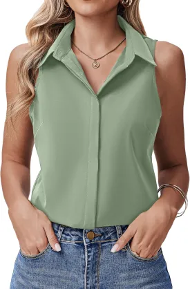 HOTOUCH Women's Sleeveless Button Down Shirts Hidden-Button Front Collared Dressy Casual Blouses Loose Office Tank Tops